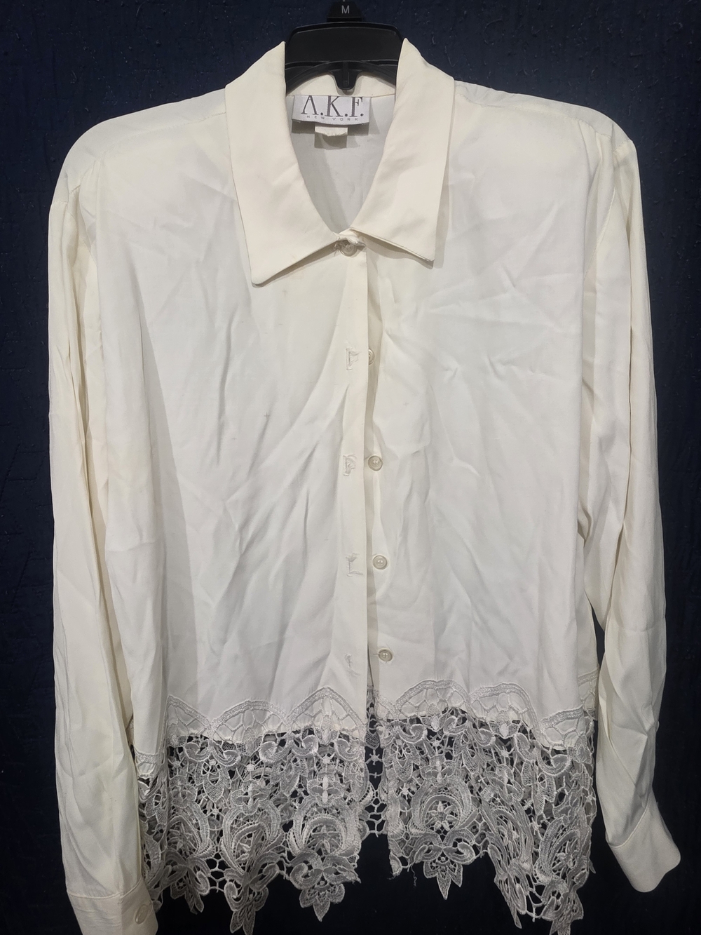 A.K.F New York  Cream Button-Up Blouse with Lace Hem